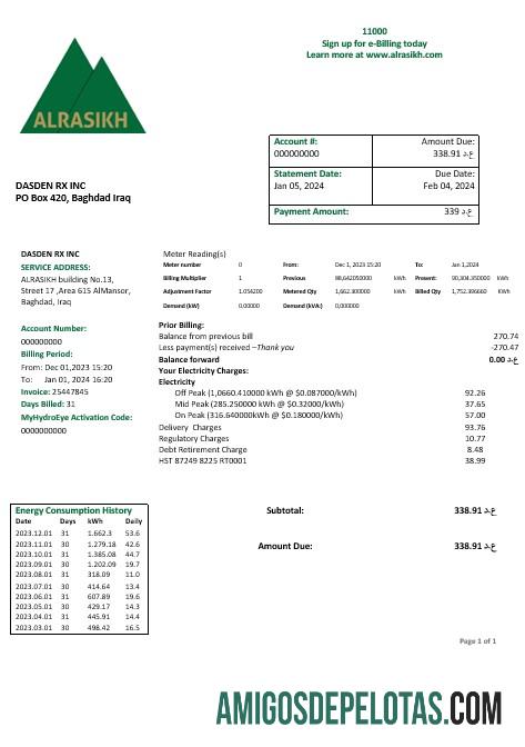 realista Modelo de conta de serviços públicos de eletricidade AlRasikh do Iraque em formato Word e PDF